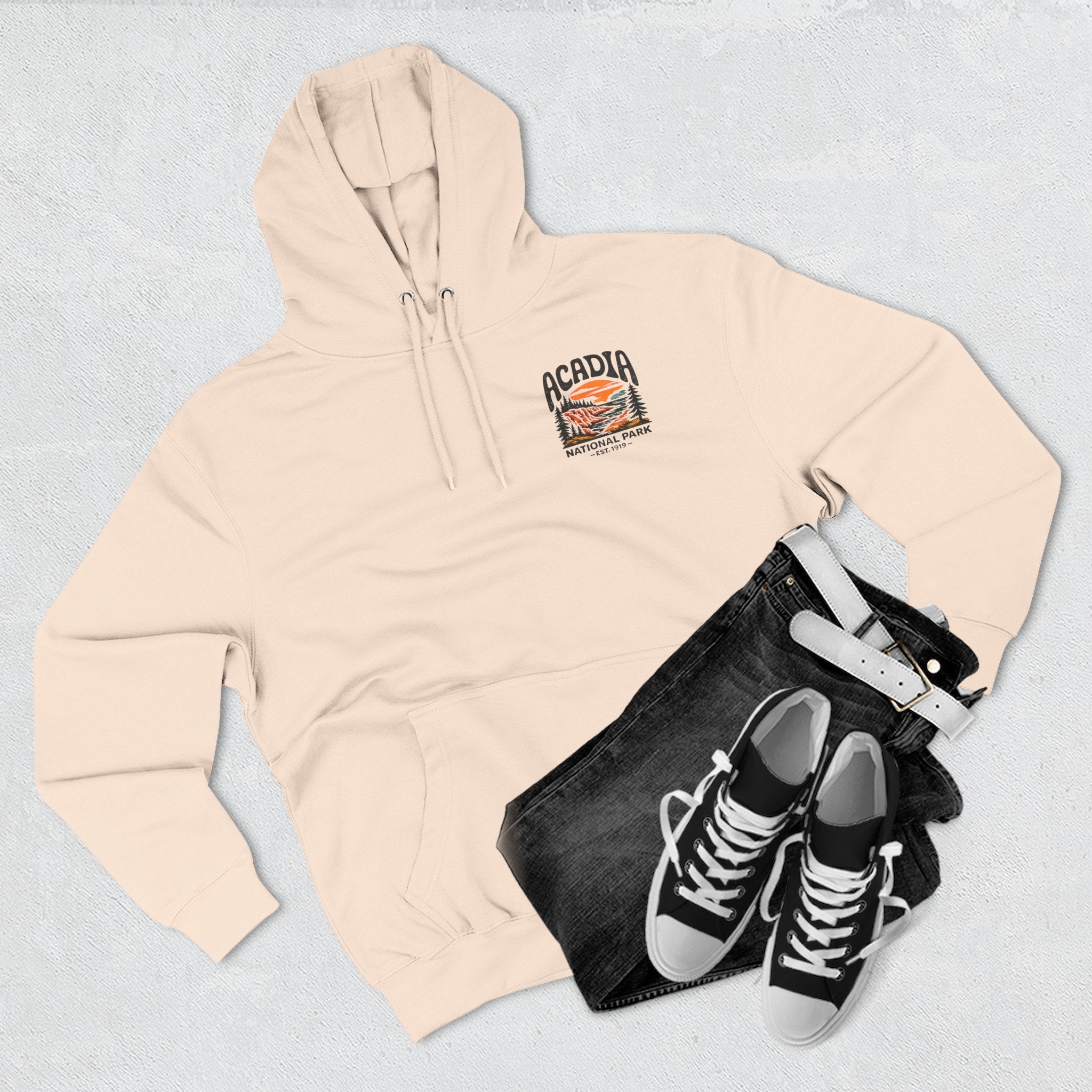 Acadia National Park Hoodie — Sunset Coastal Trail Graphic Fleece