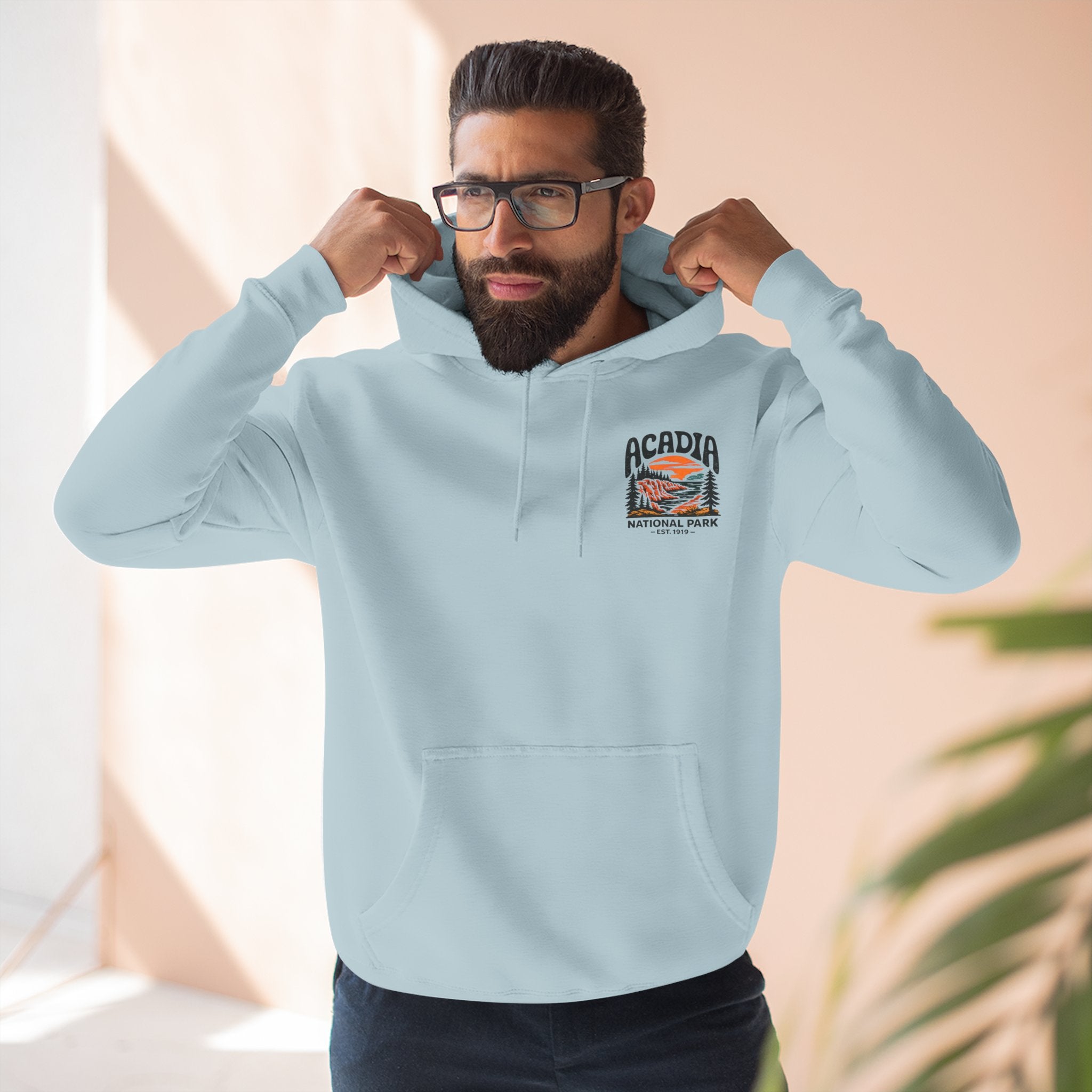 Acadia National Park Hoodie — Sunset Coastal Trail Graphic Fleece