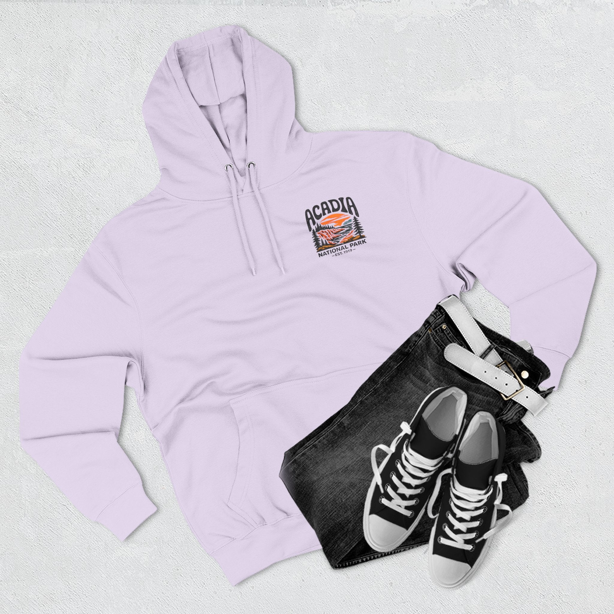 Acadia National Park Hoodie — Sunset Coastal Trail Graphic Fleece