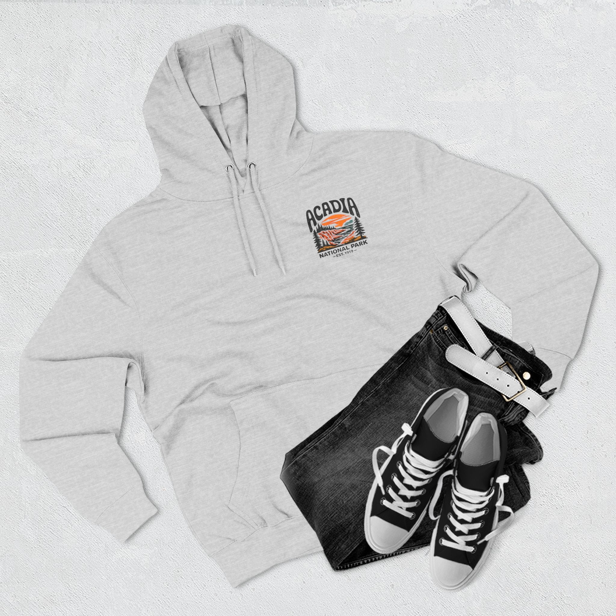 Acadia National Park Hoodie — Sunset Coastal Trail Graphic Fleece