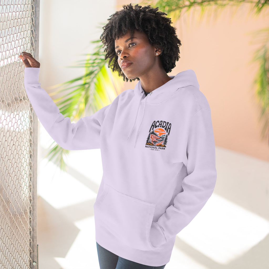 Acadia National Park Hoodie — Sunset Coastal Trail Graphic Fleece