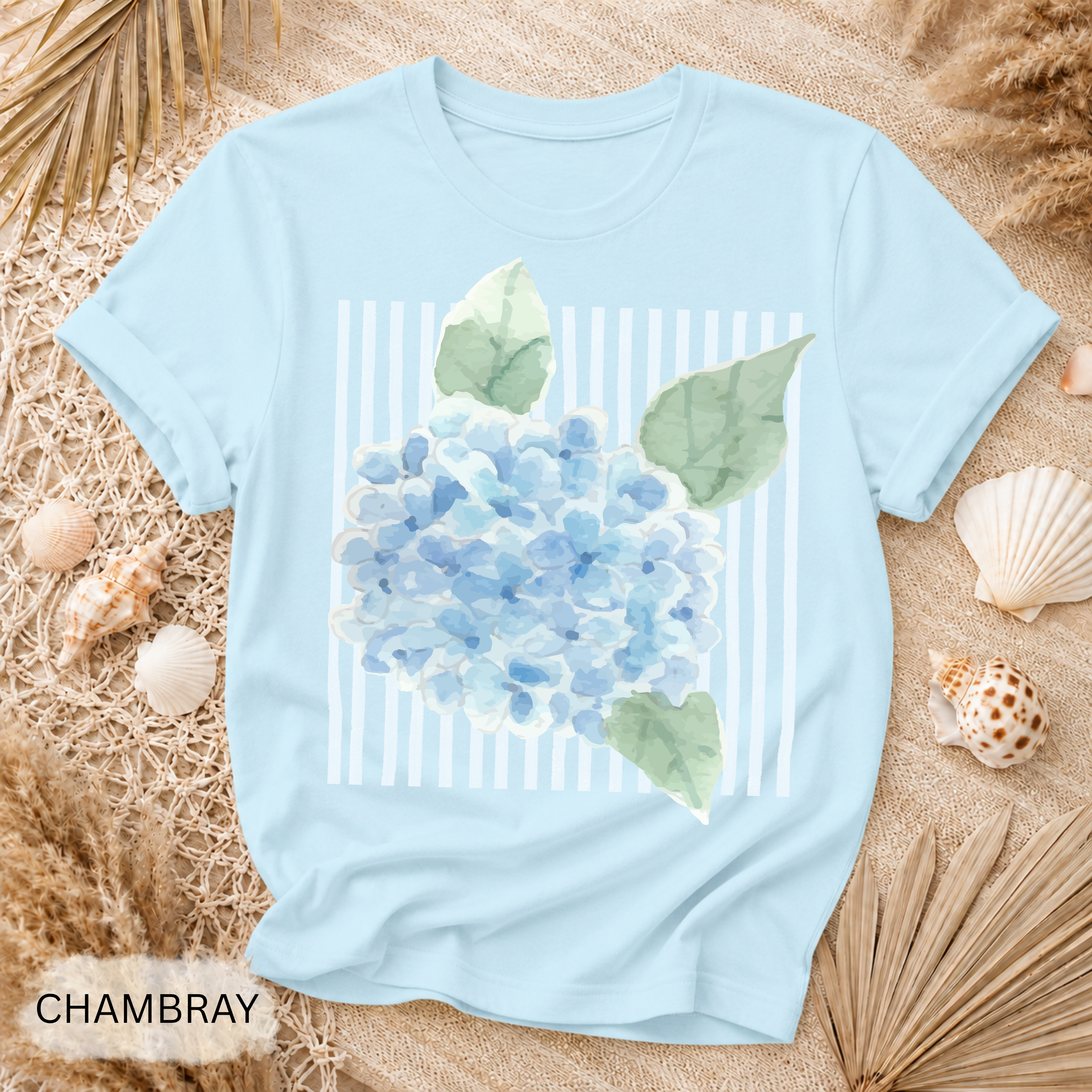 Hydrangea Stripe T-Shirt - Comfort Colors garment-dyed unisex tee, coastal hydrangea and stripe graphic
