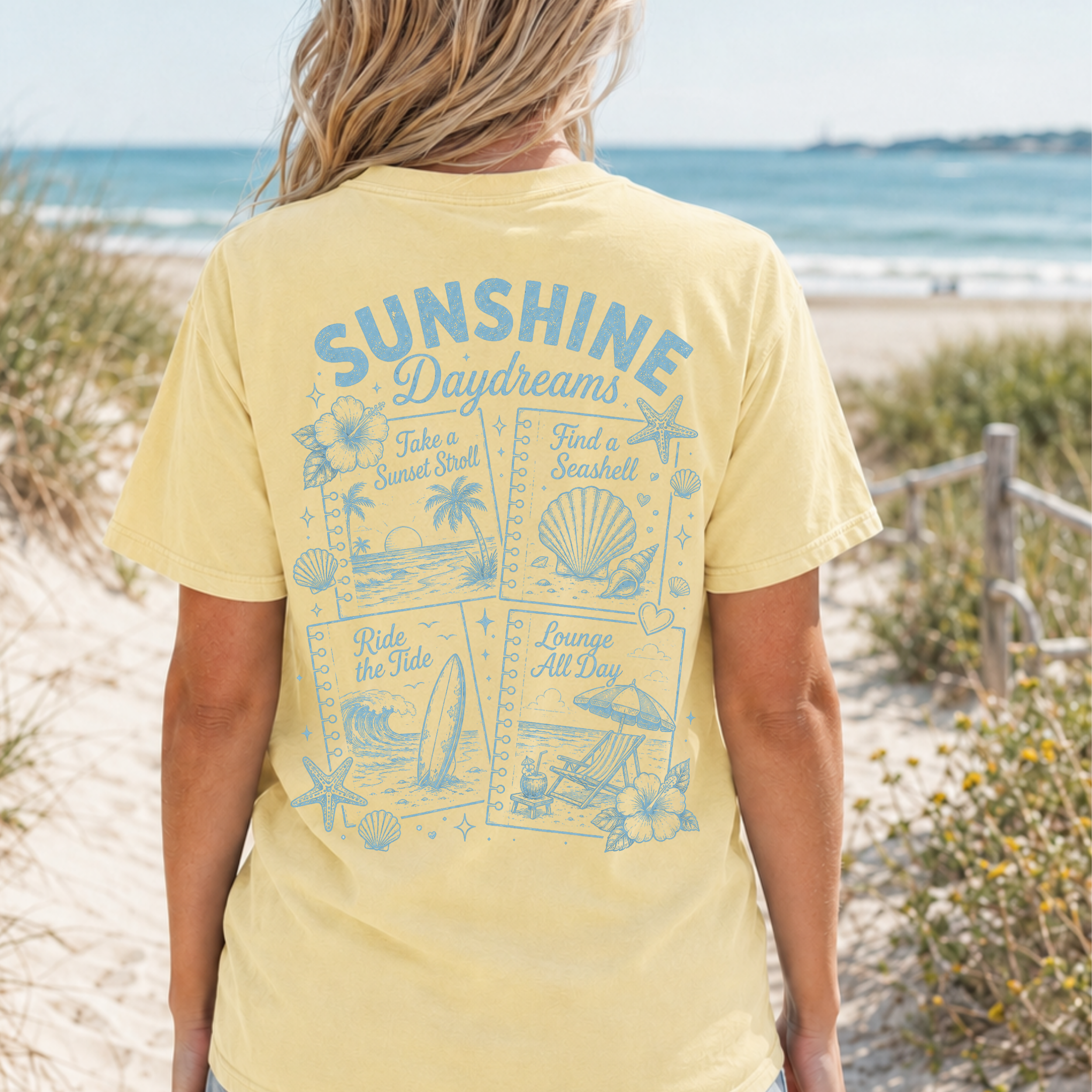 Sunshine Daydream T-Shirt - Comfort Colors garment-dyed unisex tee, front and back sunshine graphic