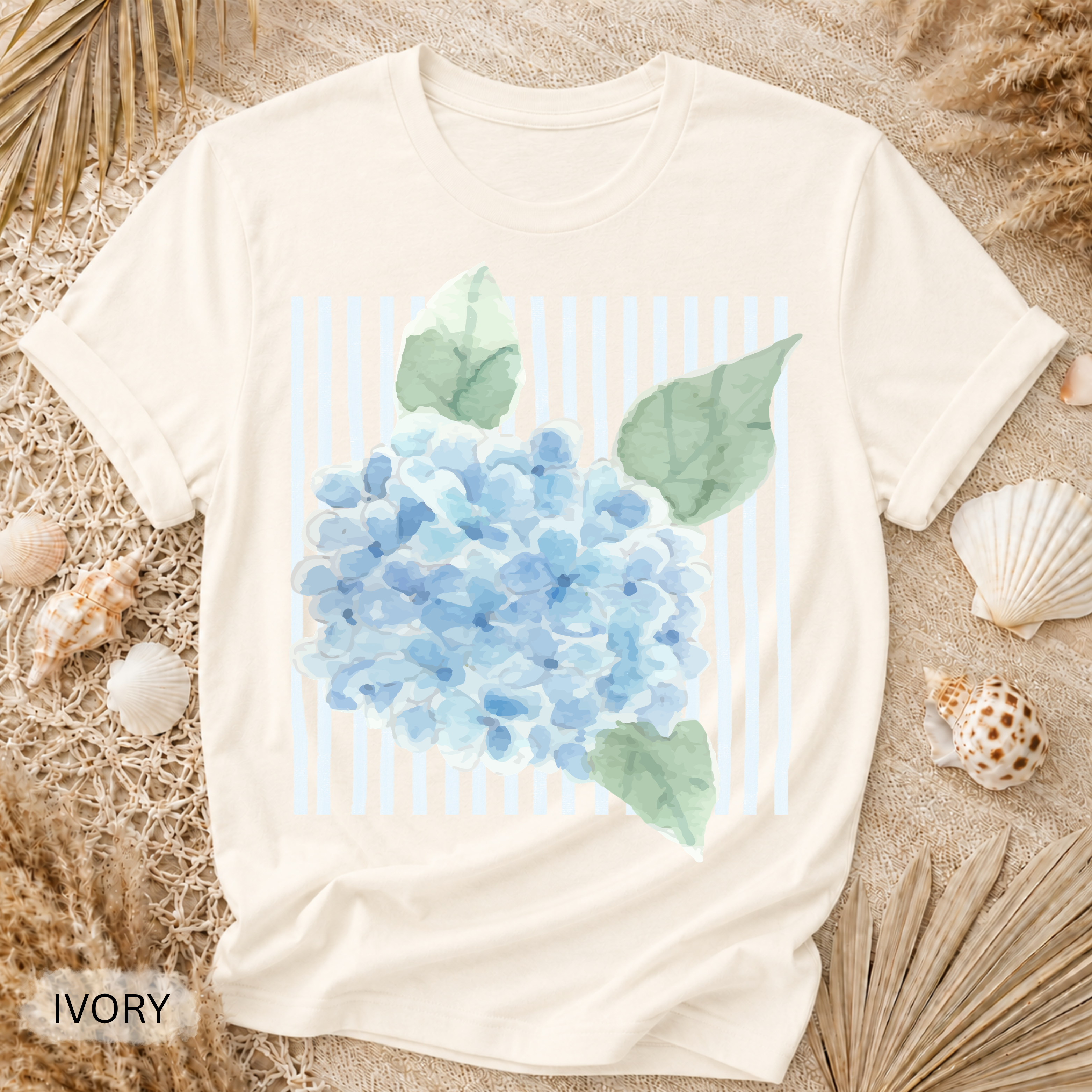 Hydrangea Stripe T-Shirt - Comfort Colors garment-dyed unisex tee, coastal hydrangea and stripe graphic