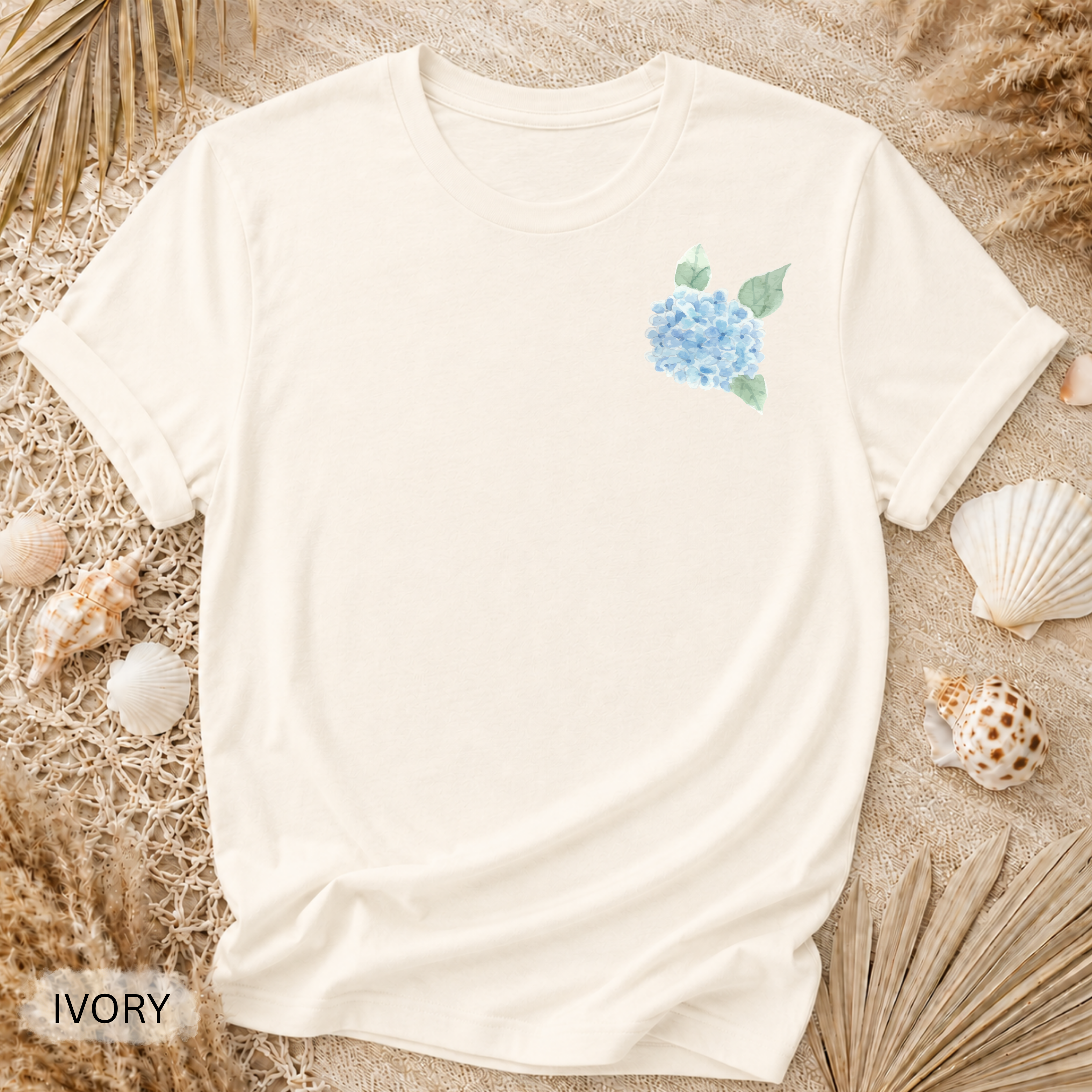 Hydrangea Side Stripe T-Shirt - Comfort Colors garment-dyed unisex tee, coastal hydrangea side stripe graphic