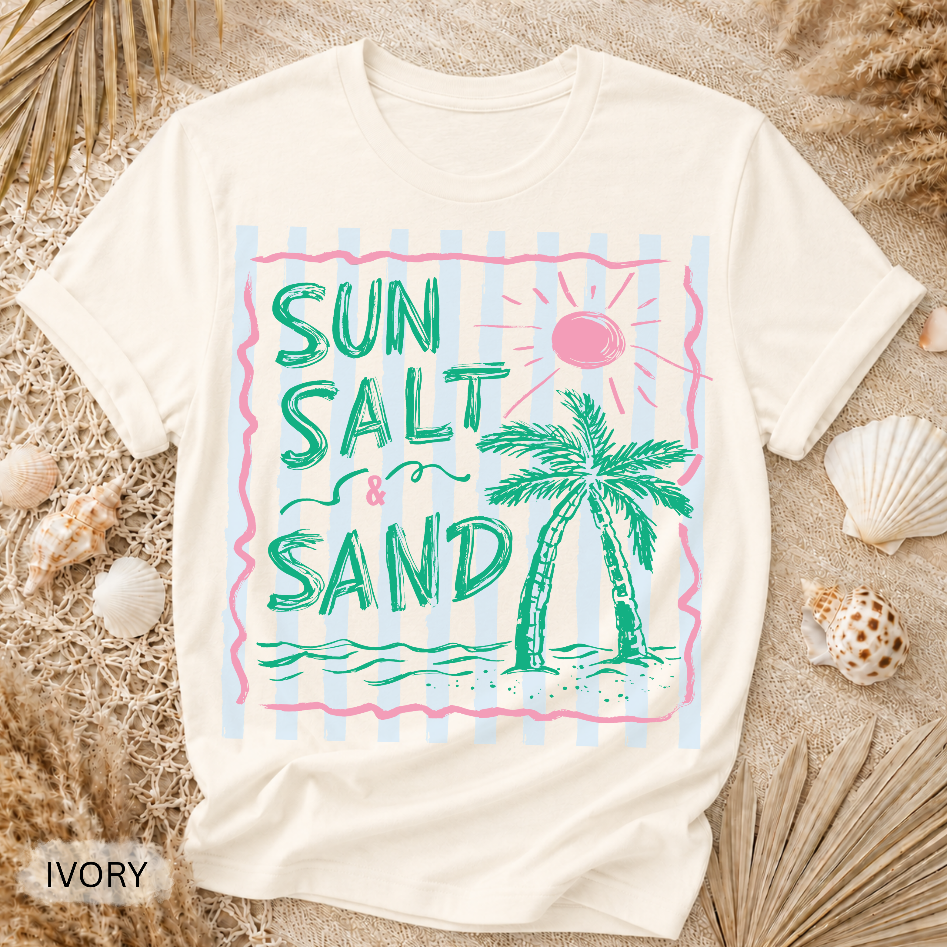 Sun Salt Sand Retro Stripe T-Shirt - Comfort Colors garment-dyed unisex tee, retro coastal stripe graphic
