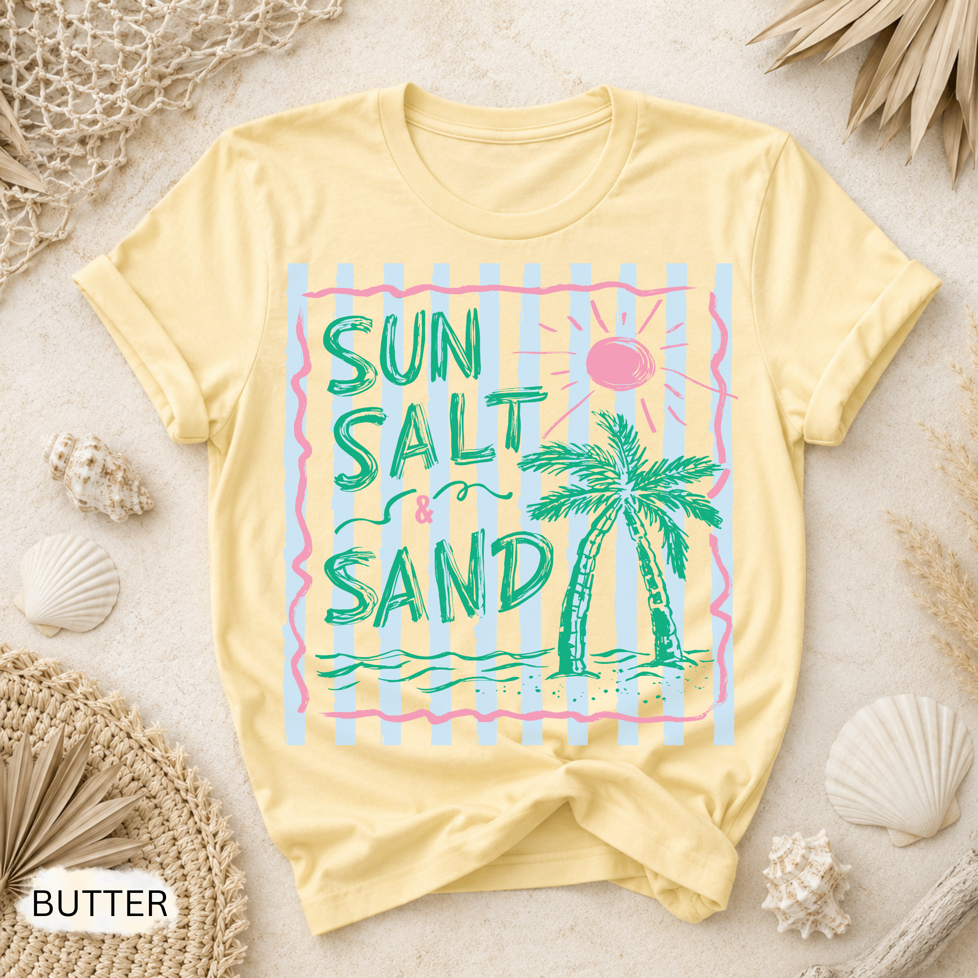 Sun Salt Sand Retro Stripe T-Shirt - Comfort Colors garment-dyed unisex tee, retro coastal stripe graphic