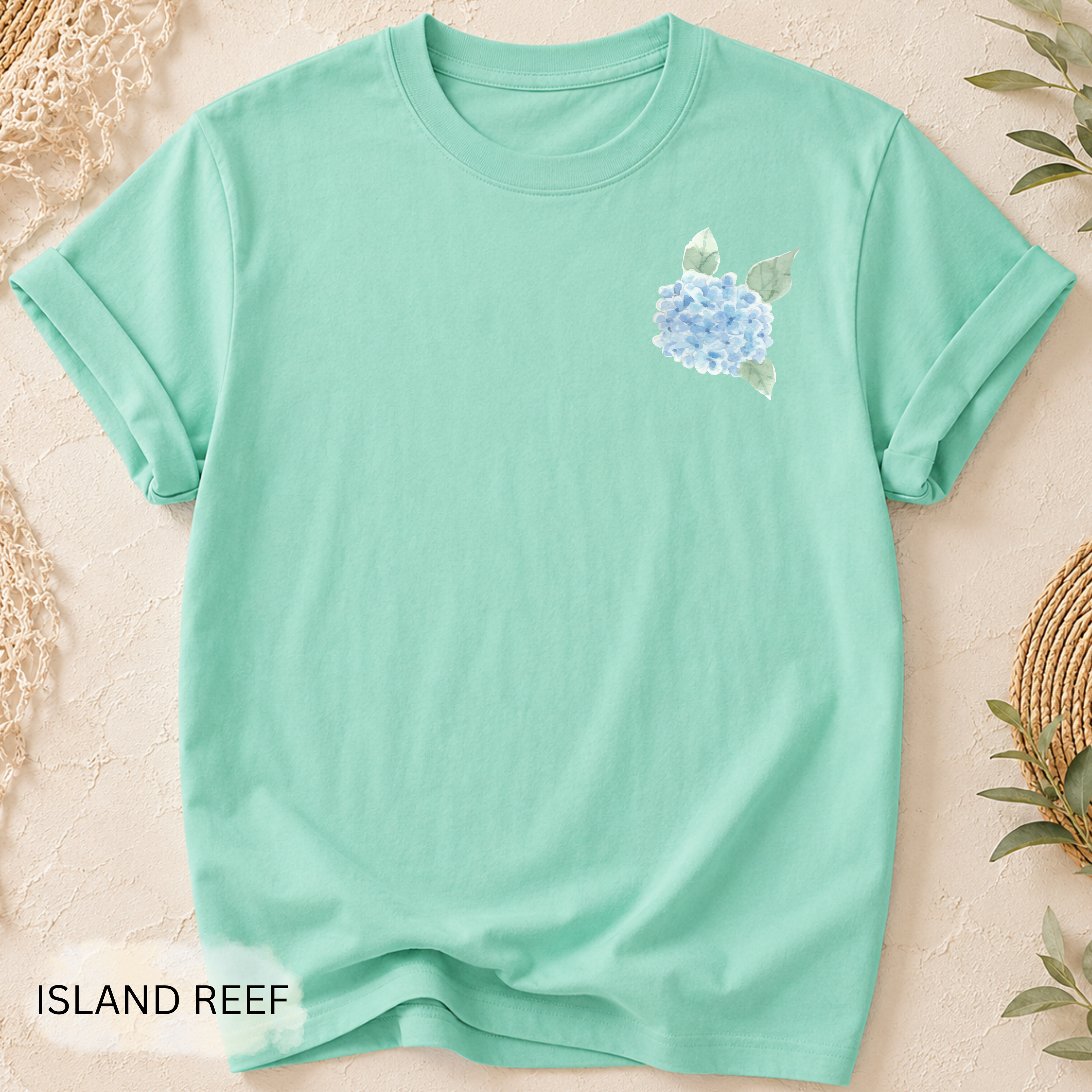 Hydrangea Side Stripe T-Shirt - Comfort Colors garment-dyed unisex tee, coastal hydrangea side stripe graphic