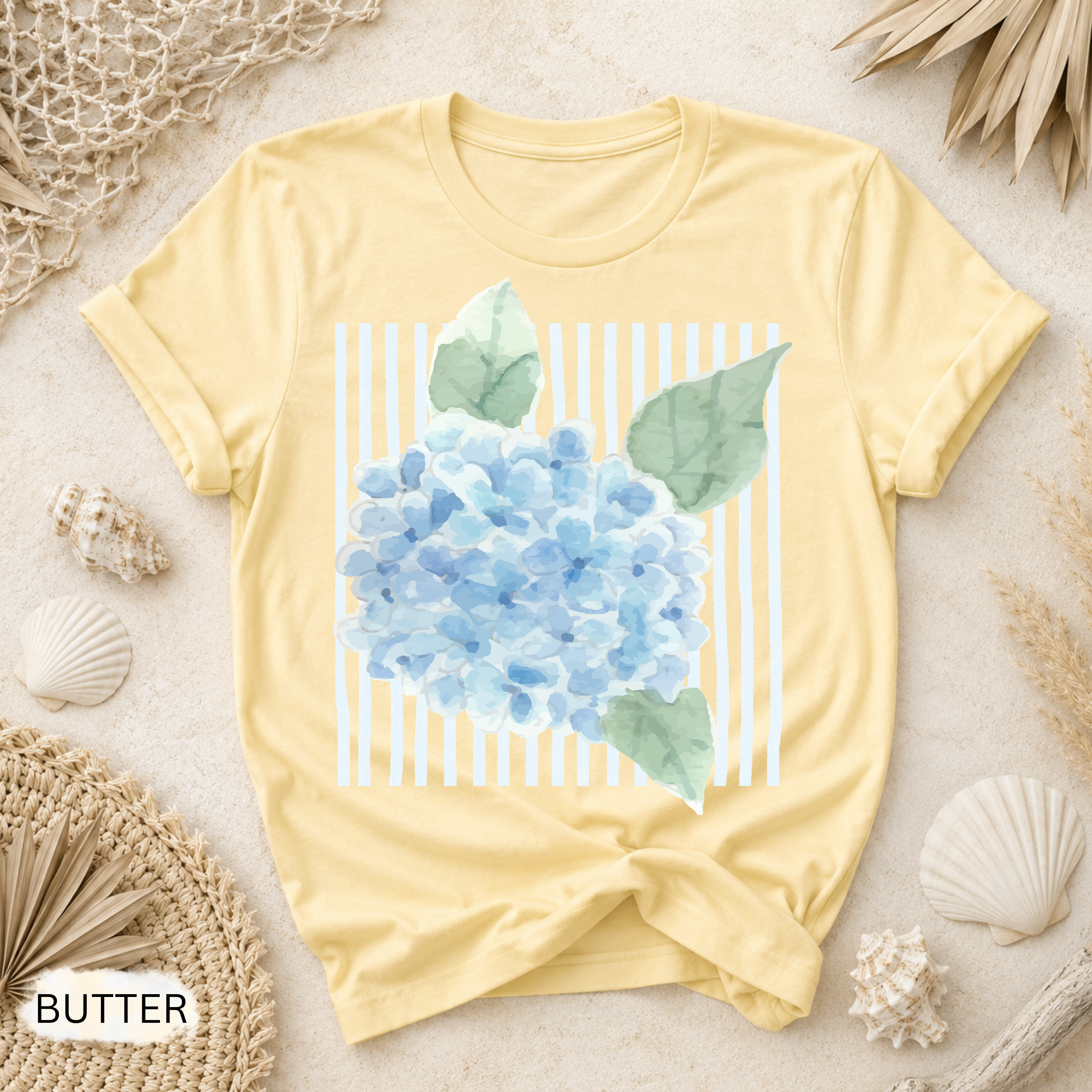 Hydrangea Stripe T-Shirt - Comfort Colors garment-dyed unisex tee, coastal hydrangea and stripe graphic