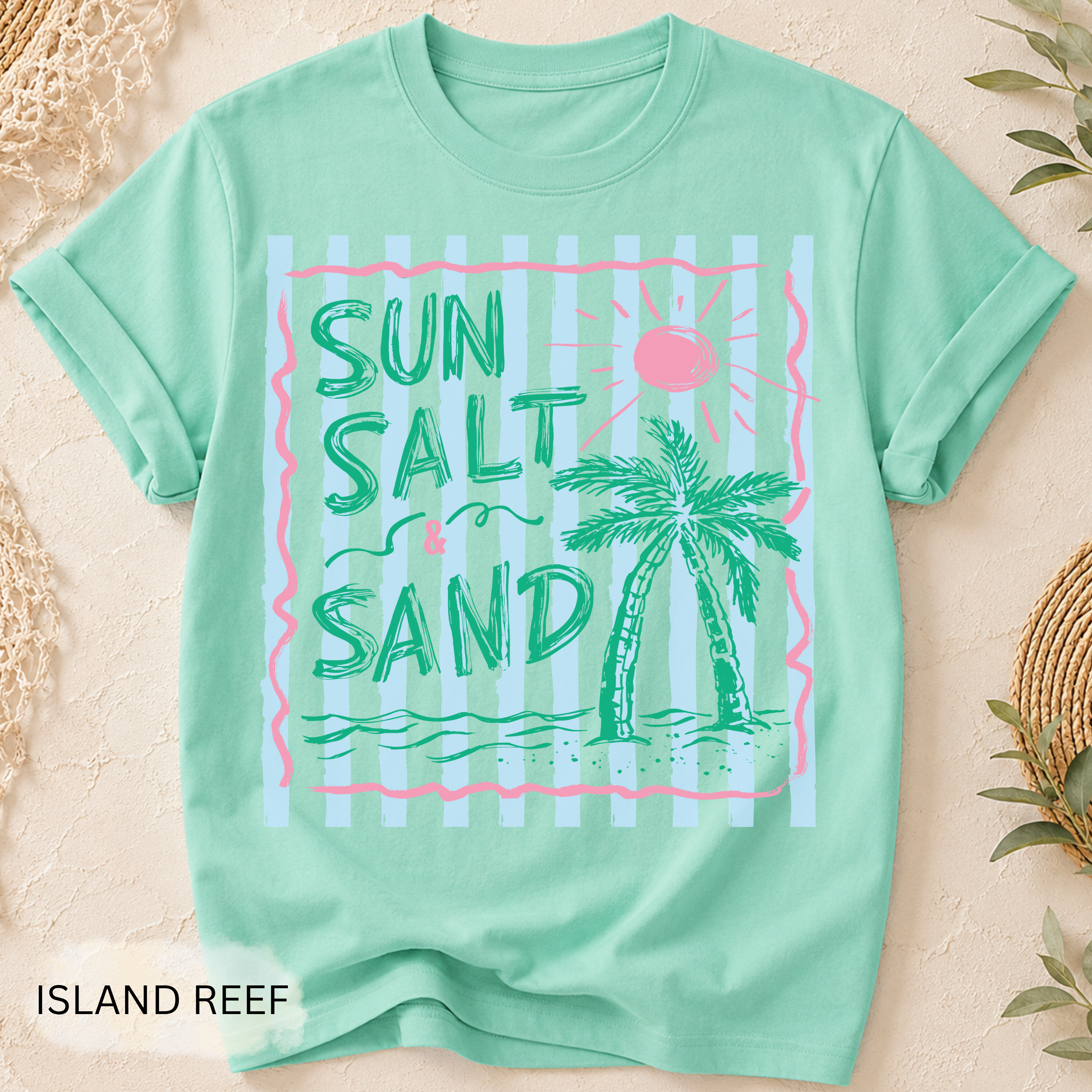 Sun Salt Sand Retro Stripe T-Shirt - Comfort Colors garment-dyed unisex tee, retro coastal stripe graphic