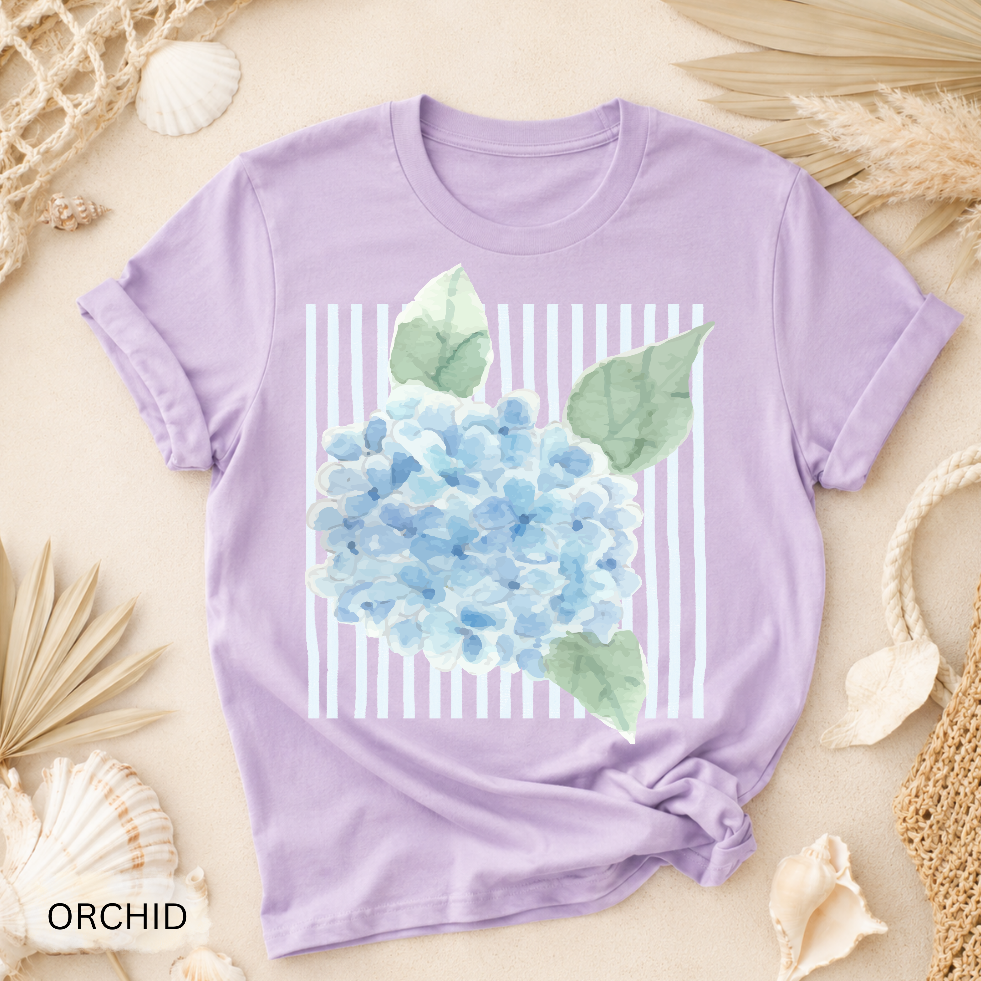 Hydrangea Stripe T-Shirt - Comfort Colors garment-dyed unisex tee, coastal hydrangea and stripe graphic