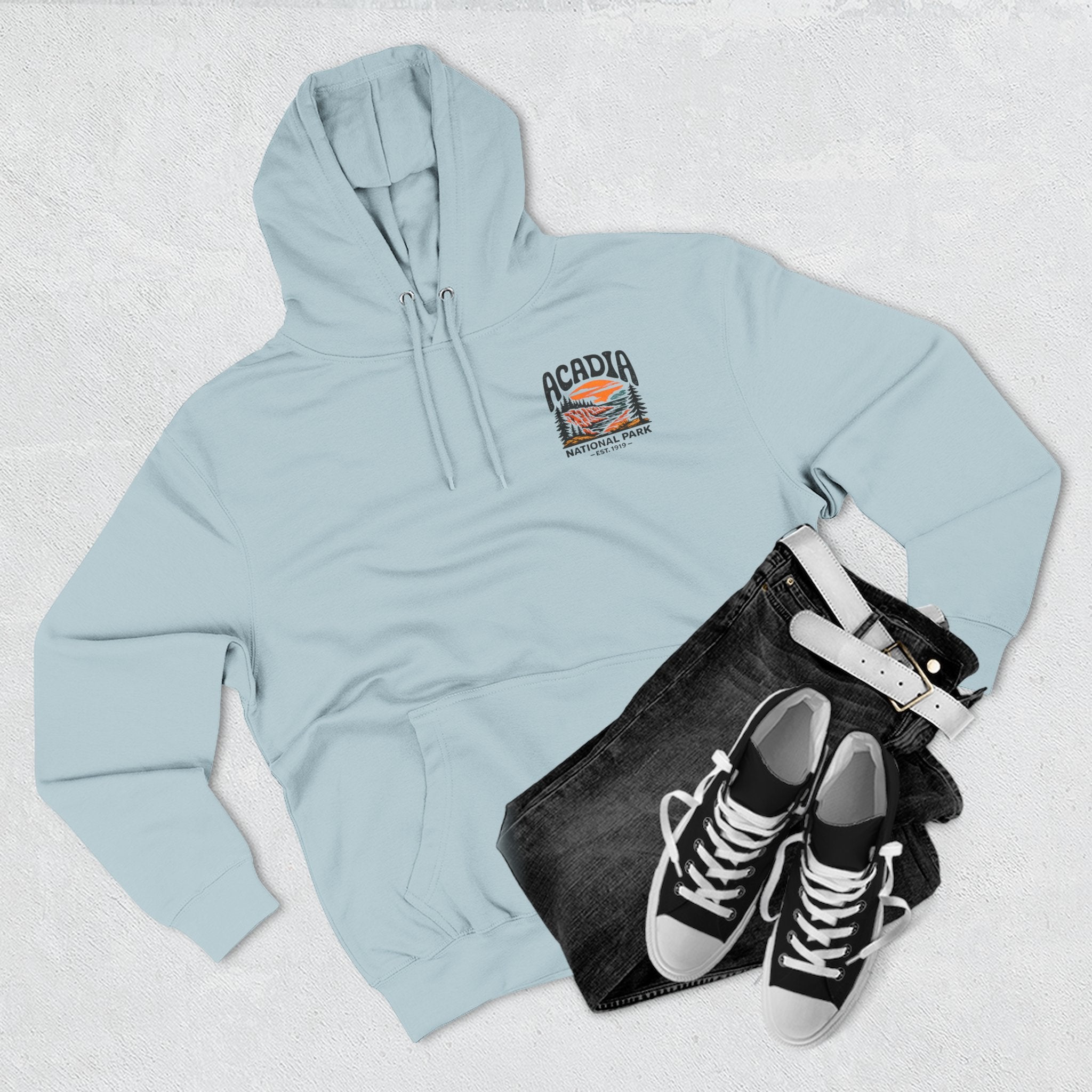 Acadia National Park Hoodie — Sunset Coastal Trail Graphic Fleece