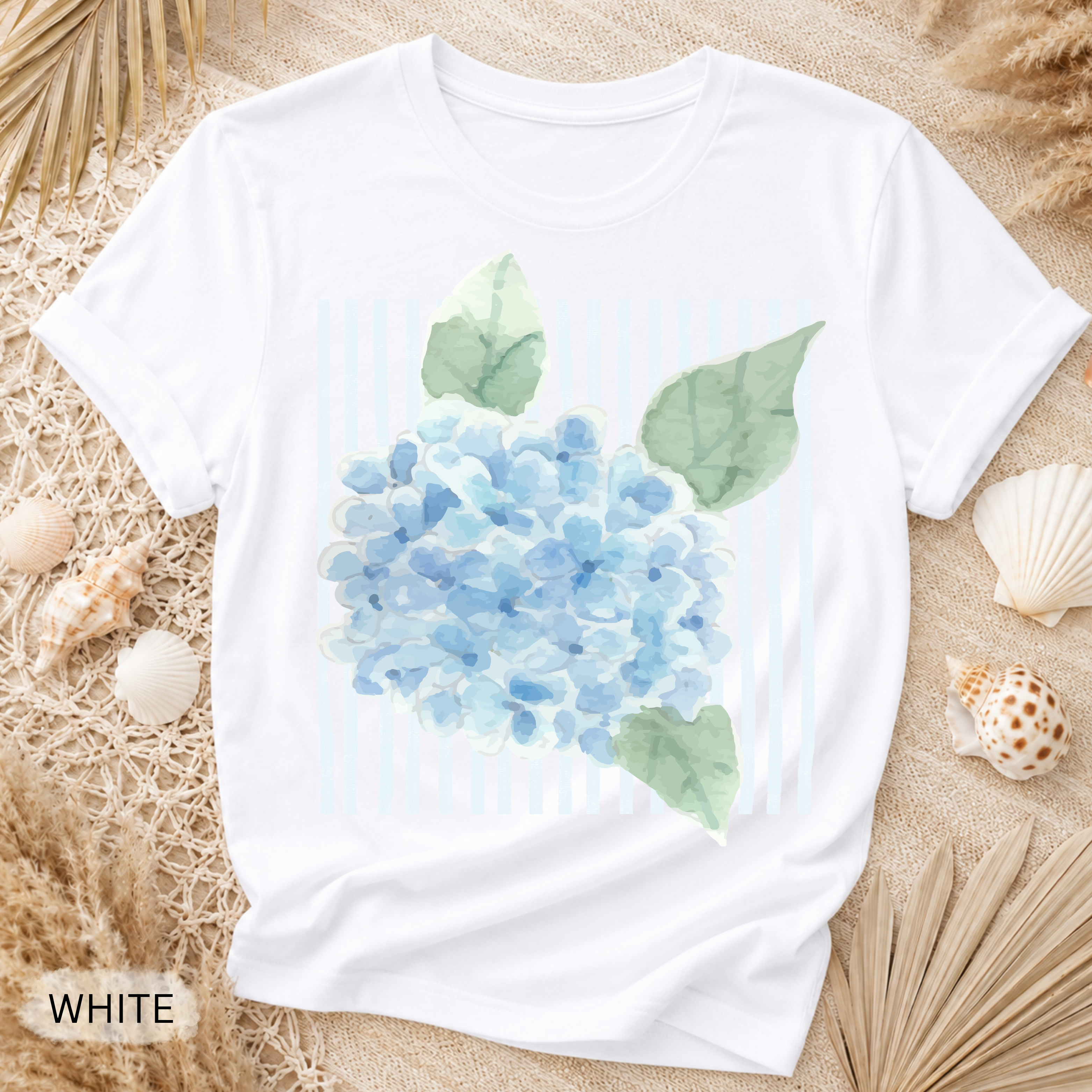 Hydrangea Stripe T-Shirt - Comfort Colors garment-dyed unisex tee, coastal hydrangea and stripe graphic