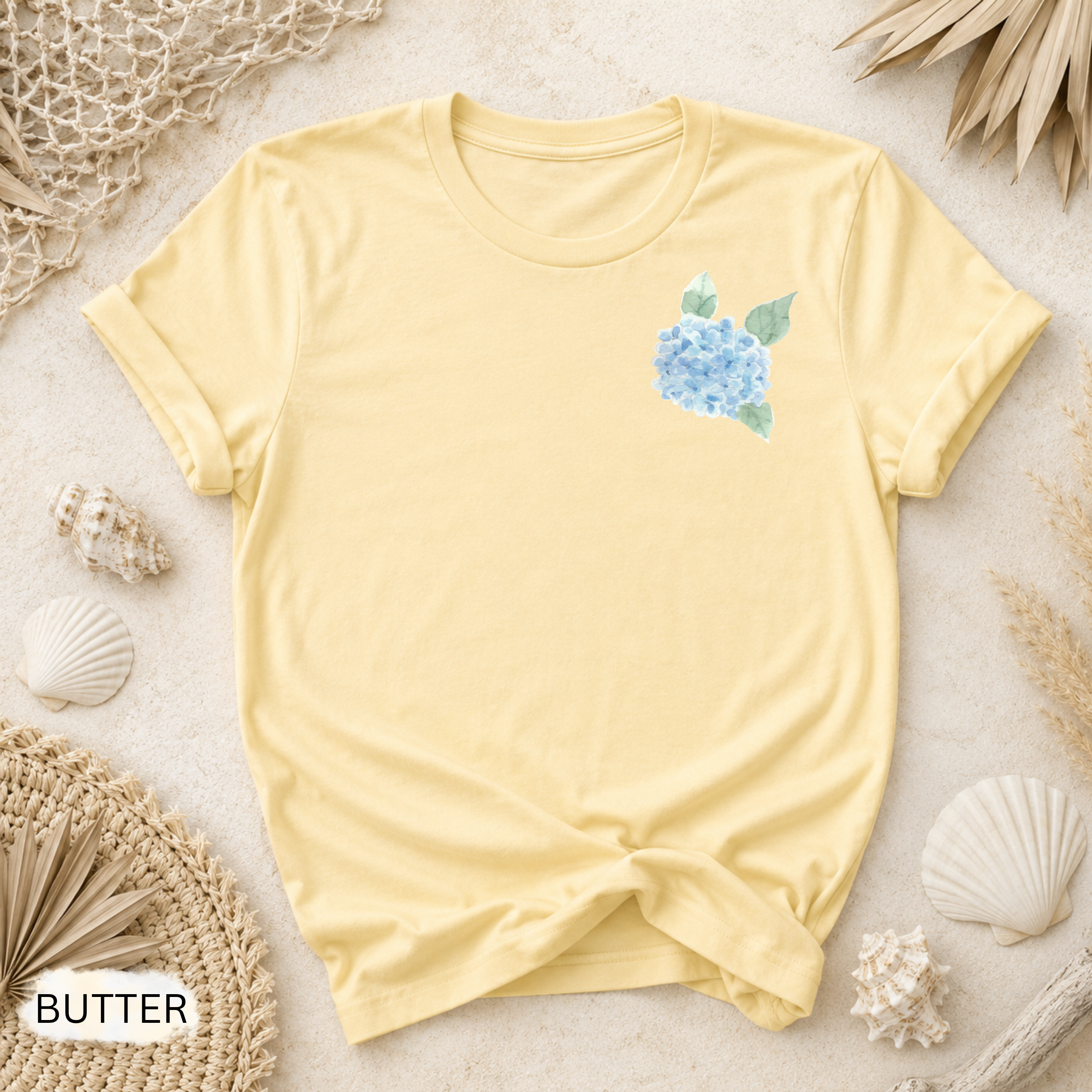 Hydrangea Side Stripe T-Shirt - Comfort Colors garment-dyed unisex tee, coastal hydrangea side stripe graphic